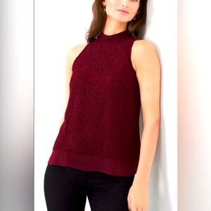 White House Black Market wine colored sleeveless lace blouse